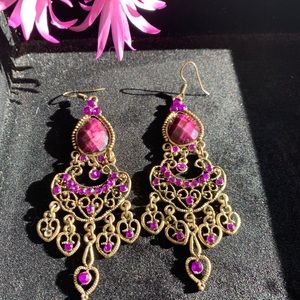 Plum and gold tone chandelier earrings